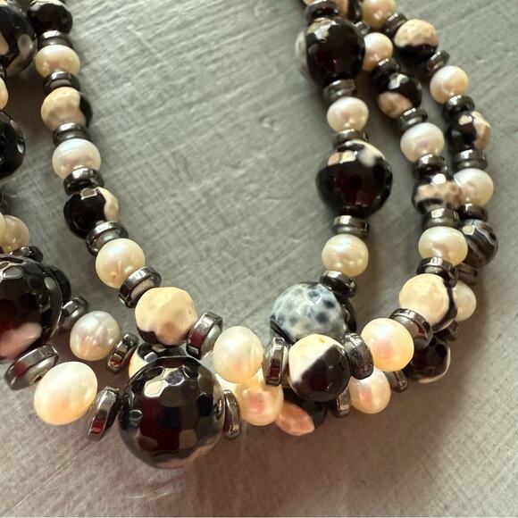 925 Sterling Silver Beaded Ocean Jasper & Pearl Triple Stranded Bracelet - Picture 5 of 7
